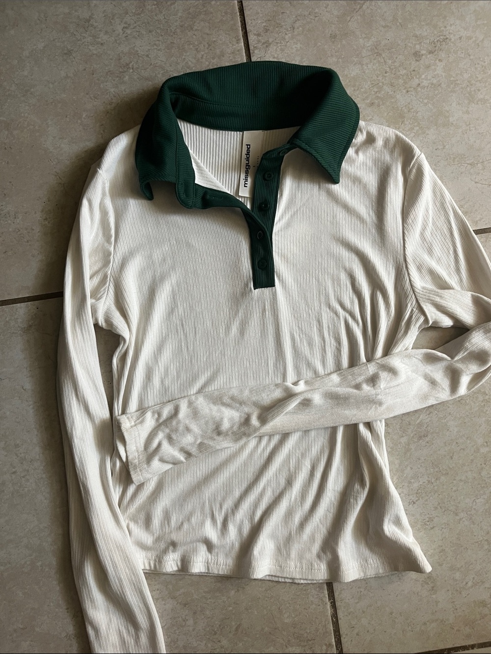 Missguided Ribbed Long Sleeve Polo Top - White with Forest Green Collar